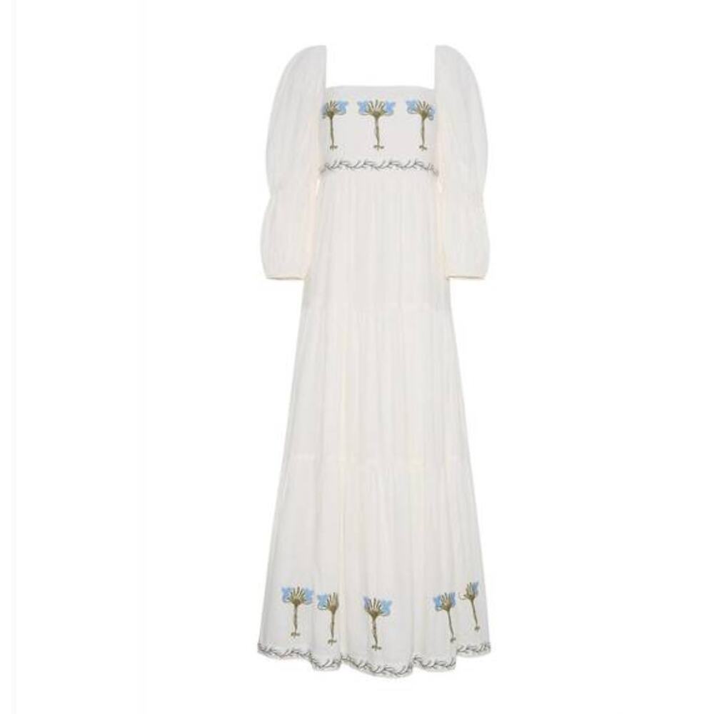 Anna Cate Scarlet Maxi Dress XS Ivory Blue Floral Embroidered Puff Sleeve Boho